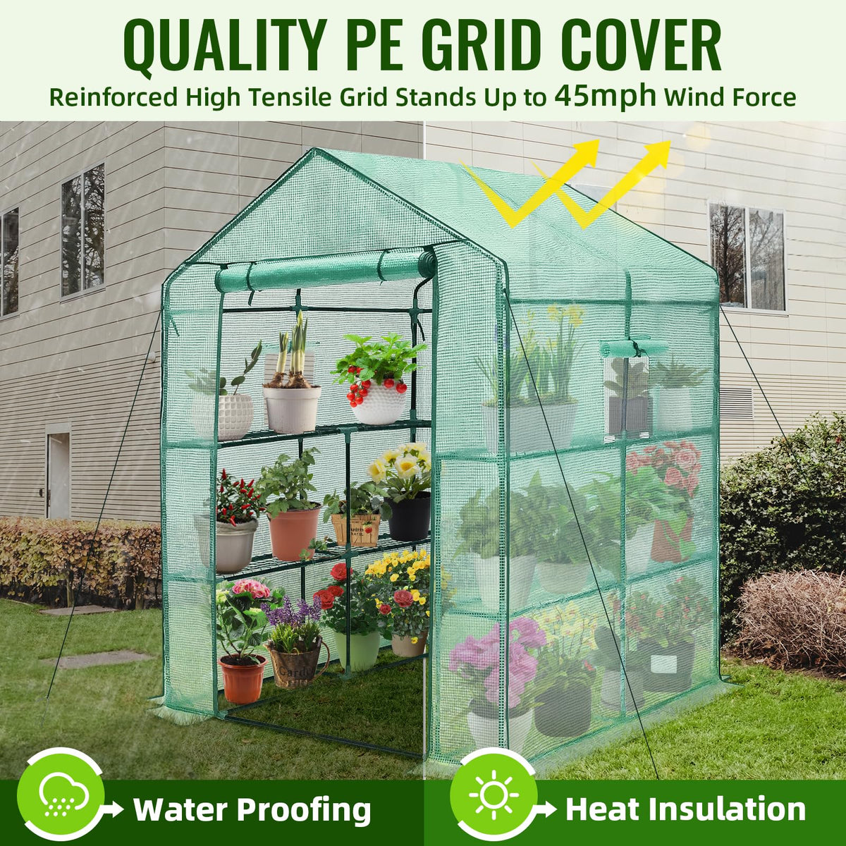 Greengro Greenhouse shelves-3-tier maximize space for pots and trays.