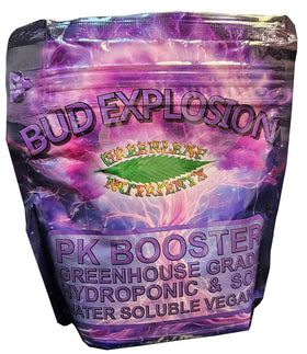 Greenleaf Nutrients Bud Explosion PK bottle pour showing bloom-ready formula