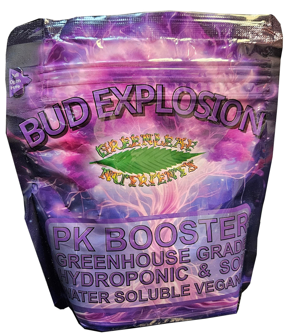 Greenleaf Nutrients Bud Explosion PK bottle pour showing bloom-ready formula