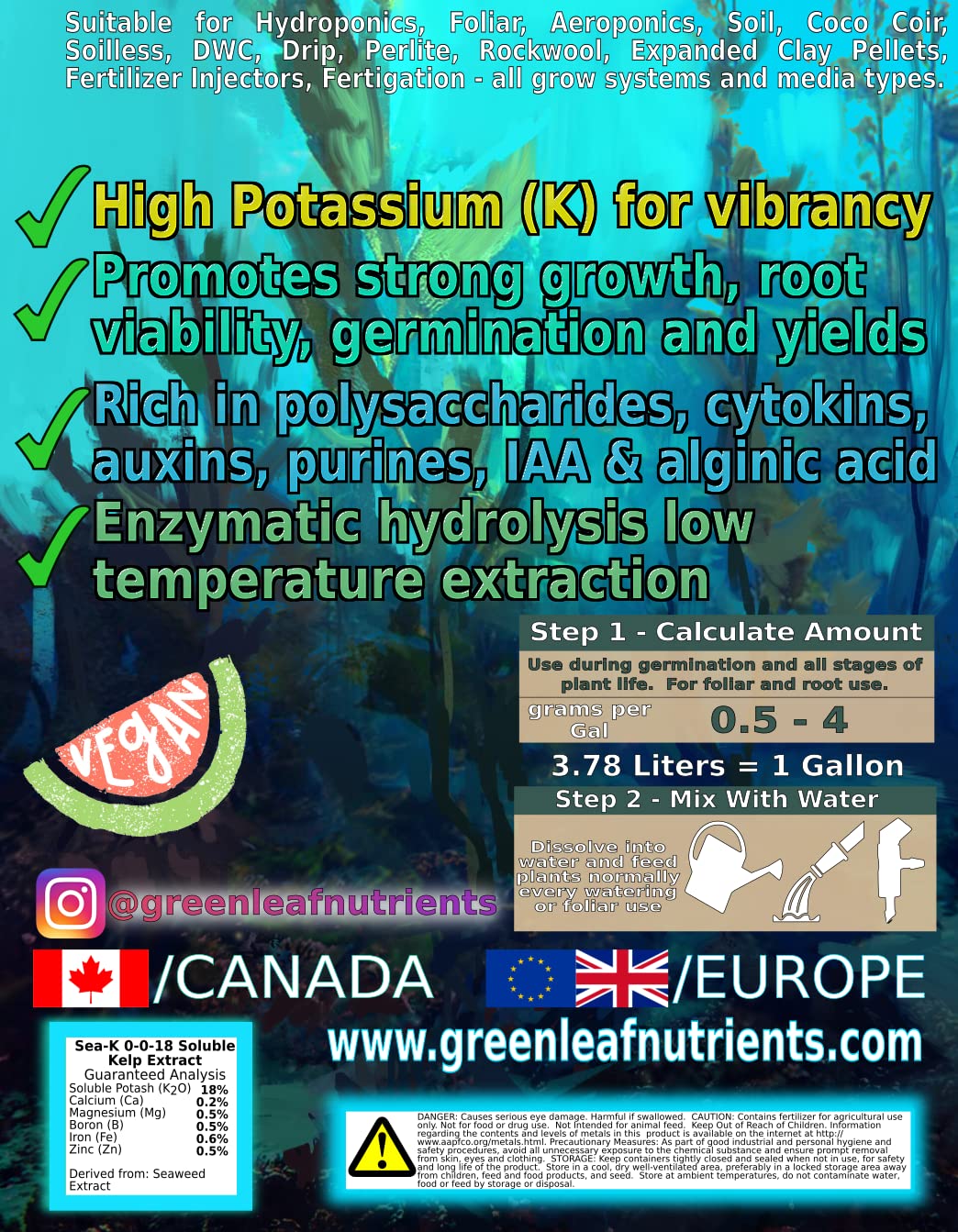 Greenleaf Nutrients Sea-Kelp growth scene suggests vibrant roots and leaves.