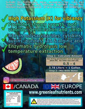 Greenleaf Nutrients Sea-Kelp growth scene suggests vibrant roots and leaves.