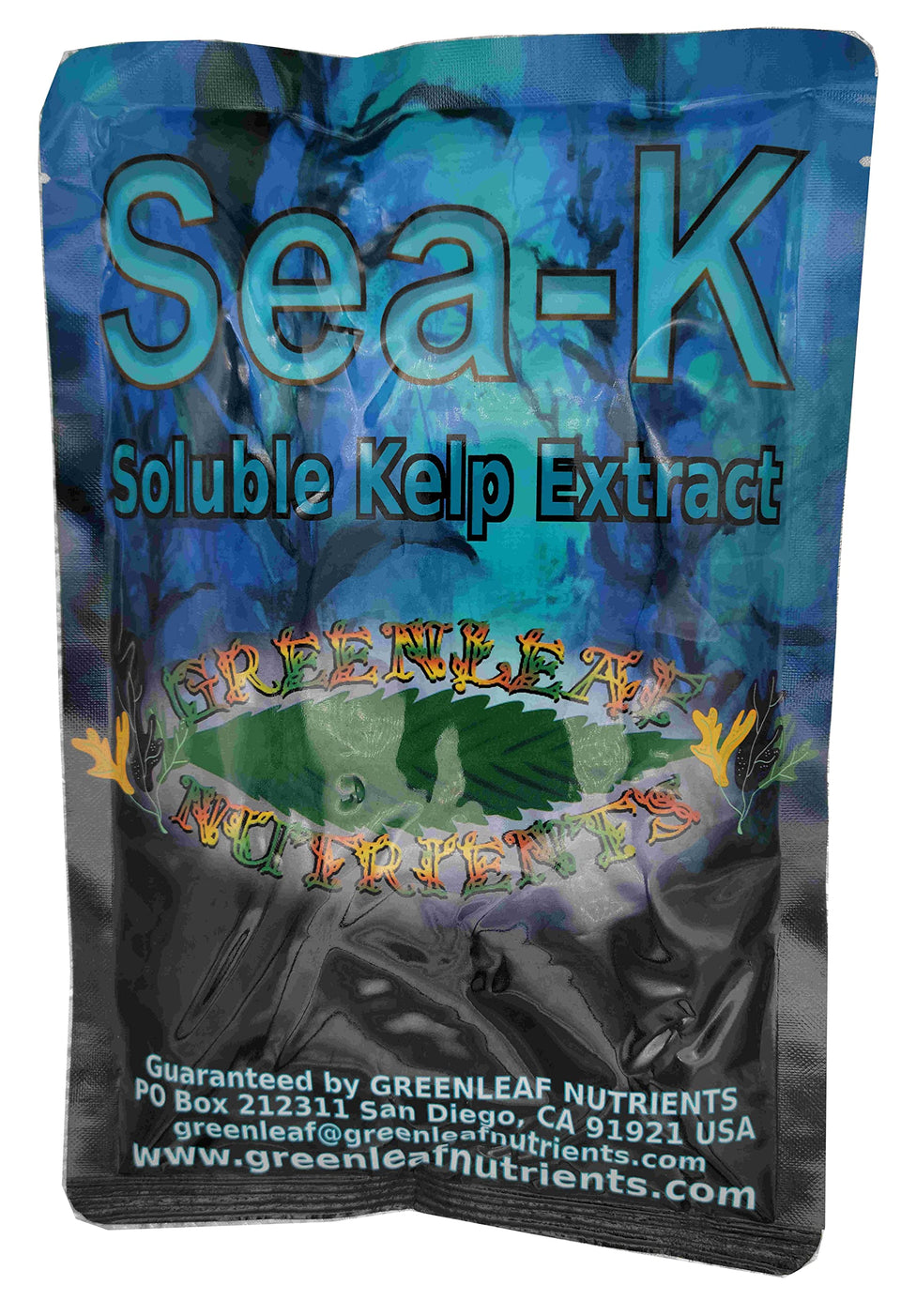 Greenleaf Nutrients Sea-Kelp powder bag 200g shows concentrated organic nutrition for healthier greens.