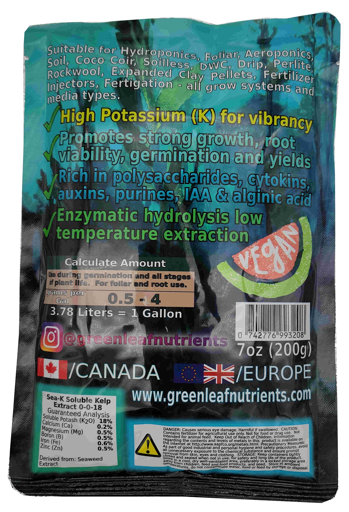 Greenleaf Nutrients Sea-Kelp powder texture close-up highlights mineral-rich content for robust growth.