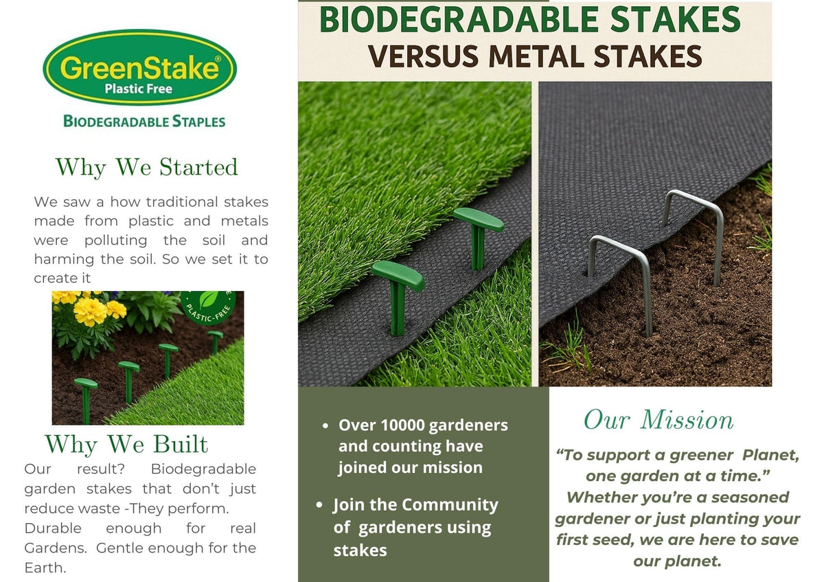 GreenStake durable stakes for weed fabric with strong holding power.