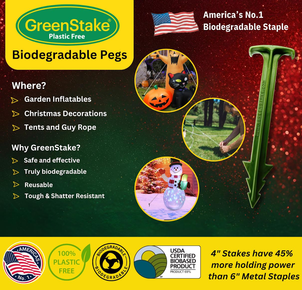 GreenStake eco-friendly sod and turf stakes in a garden setup.