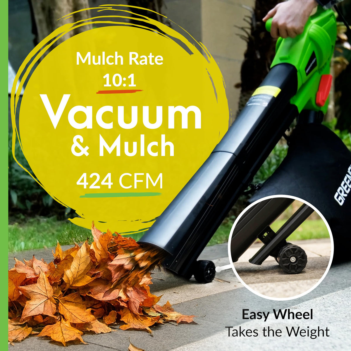 GreenSweep leaf mulcher shredding leaves into fine mulch.