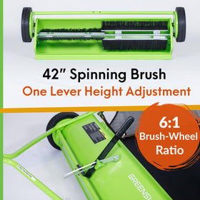 GreenSweep pickup tow 42-inch lawn sweeper brush-height adjustment in action.