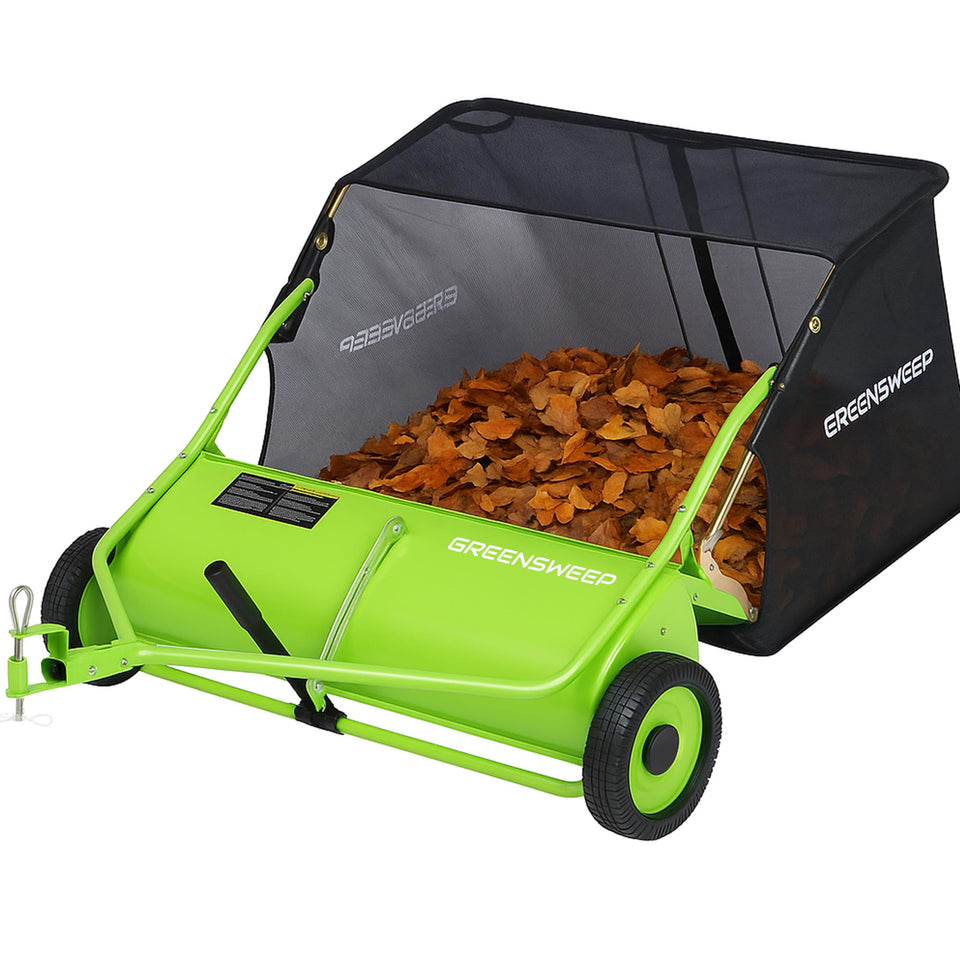GreenSweep pickup tow 42-inch lawn sweeper front view for fast, wide-area leaf collection.