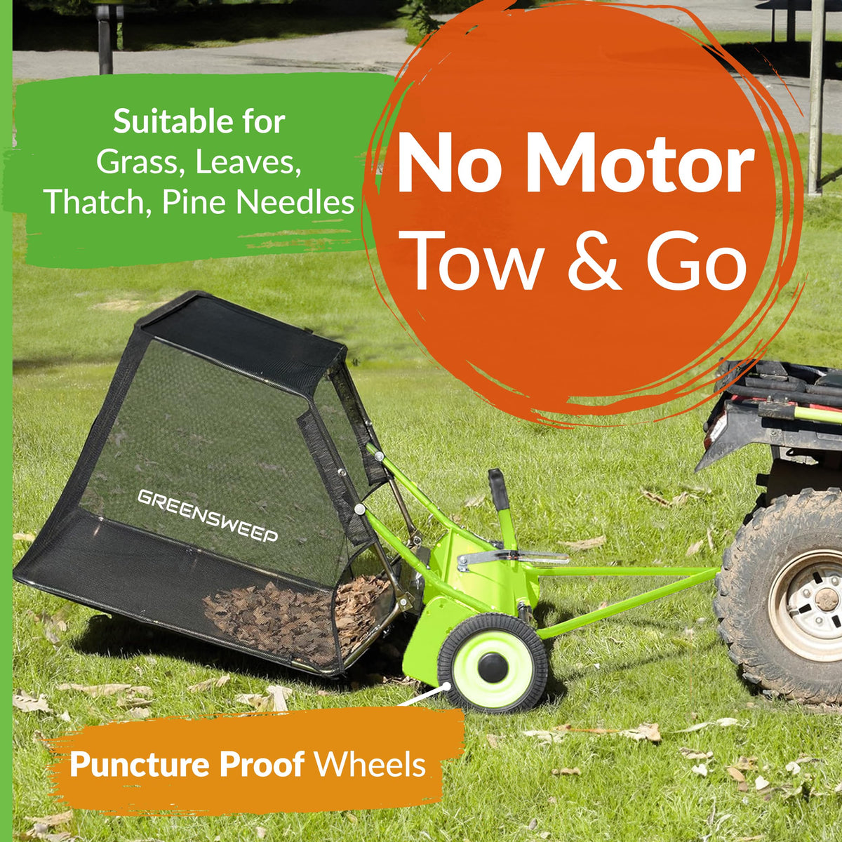 GreenSweep pickup tow 42-inch lawn sweeper hopper close-up shows durable mesh bag.