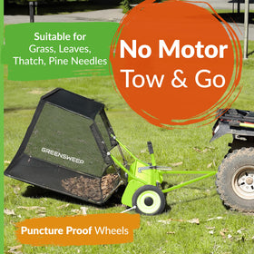 GreenSweep pickup tow 42-inch lawn sweeper hopper close-up shows durable mesh bag.