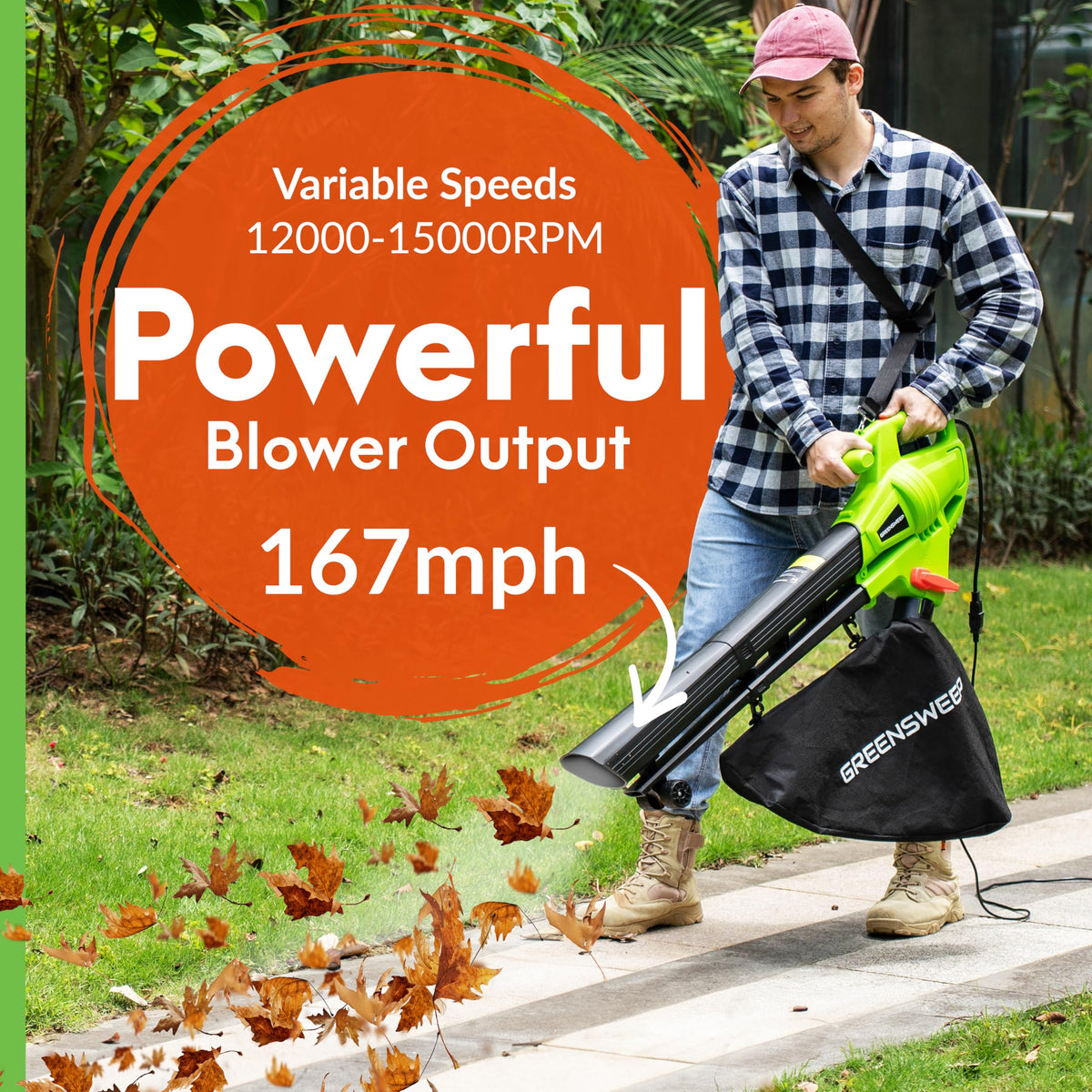 GreenSweep switchable modes showing blower, vacuum, and mulch options.
