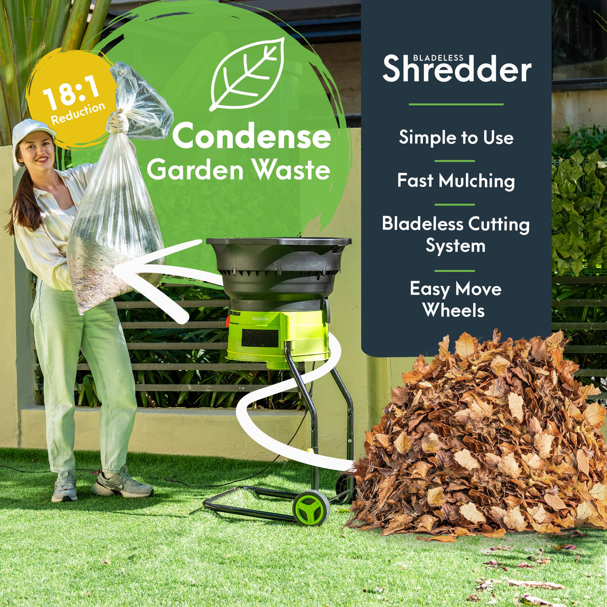 GreenSweep XL bladeless shredder 18 to 1 reduction for compact mulch