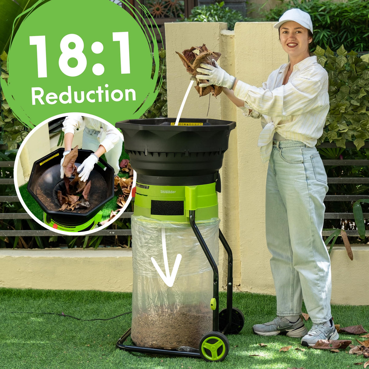 GreenSweep XL bladeless shredder cutting lines detail, tool-free maintenance