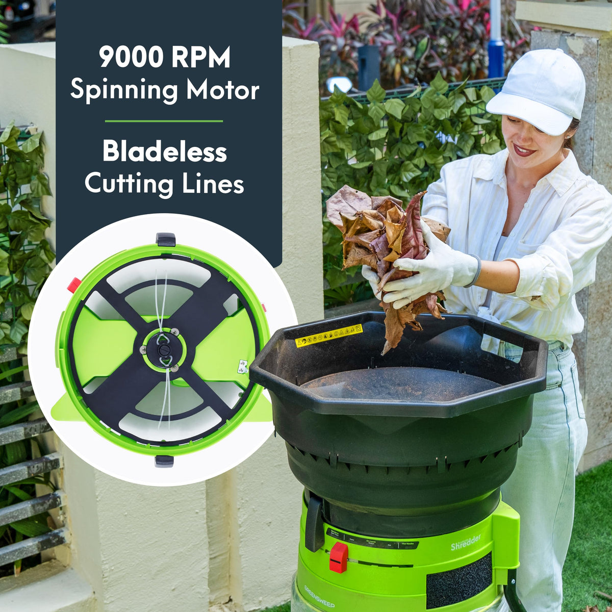GreenSweep XL bladeless shredder tool-free line change feature illustration