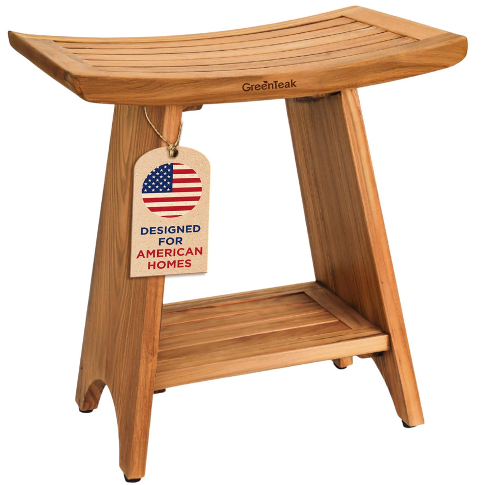 GREENTEAK Premium 18-inch Teak Bench front view shows sturdy build for daily showers