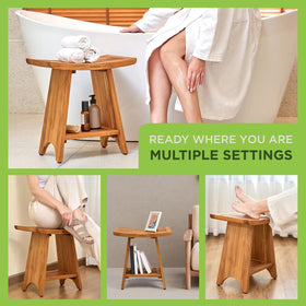 GREENTEAK Premium Teak Bench in shower with water droplets for moisture resilience