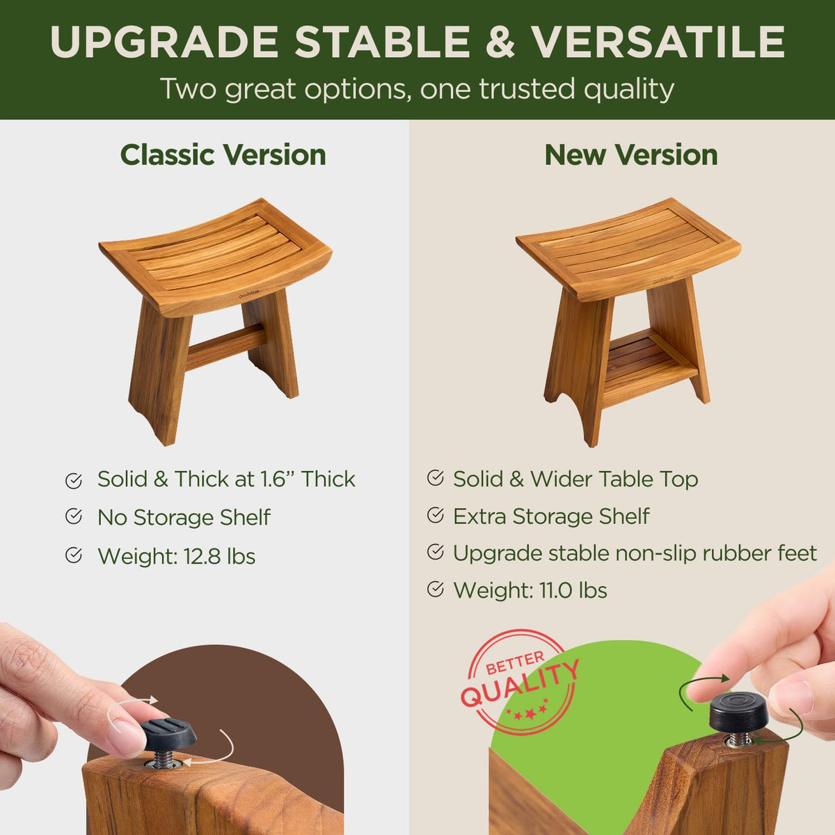 GREENTEAK Premium Teak Bench non-slip feet ensure stability on wet floors