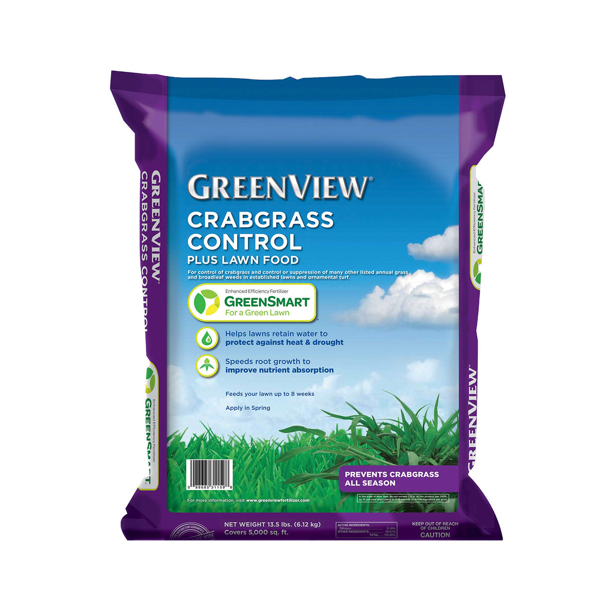 GreenView Crabgrass Control Plus Lawn Food bag prevents crabgrass all season on a lush lawn
