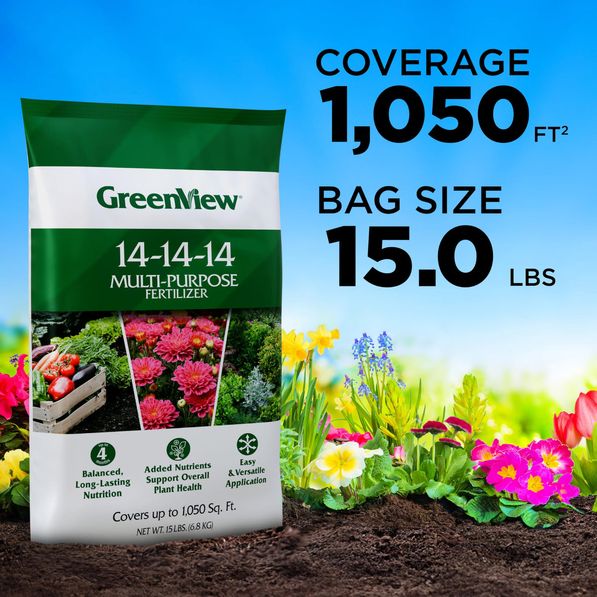 Easy-apply GreenView 15-lb bag for season-long feeding with minimal mess.
