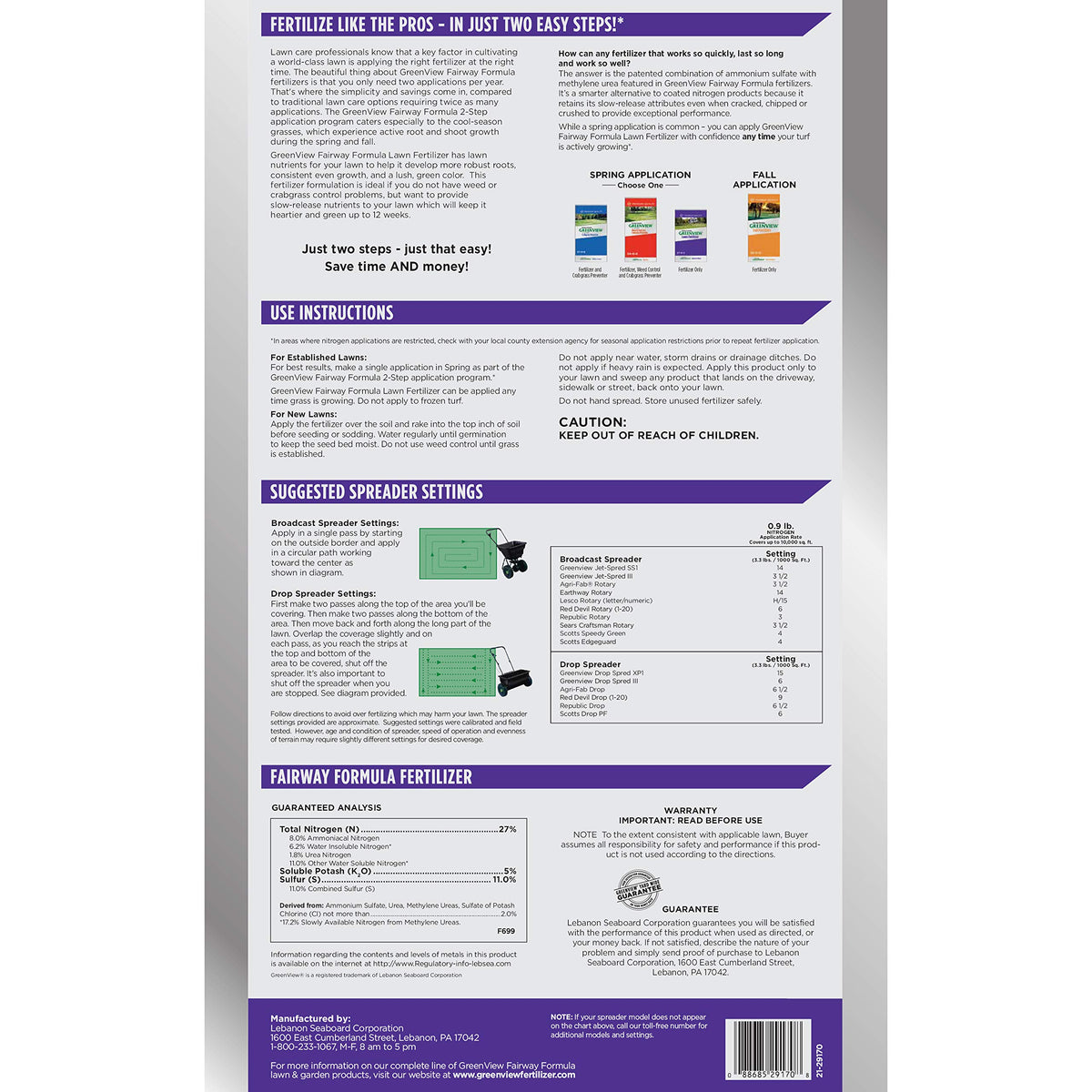 GreenView Fairway Formula coverage chart indicating up to 10,000 sq ft per bag