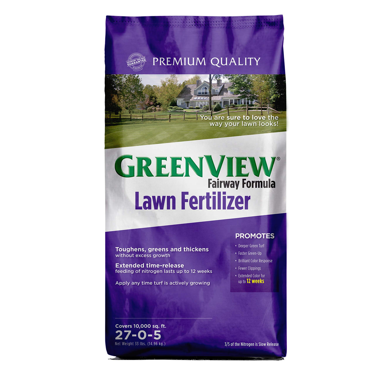 GreenView Fairway Formula lawn fertilizer bag showing steady greening and vibrant color