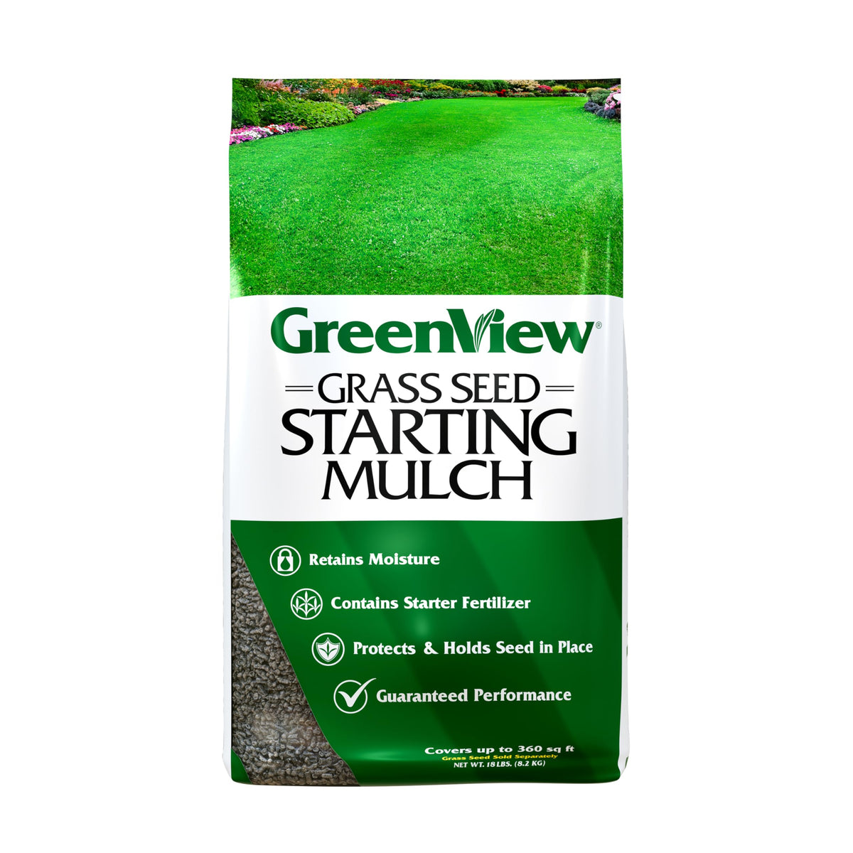 GreenView Grass Seed Starting Mulch bag close-up showing moisture-rich pellets for germination