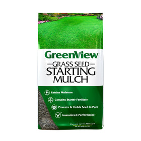 GreenView Grass Seed Starting Mulch bag close-up showing moisture-rich pellets for germination
