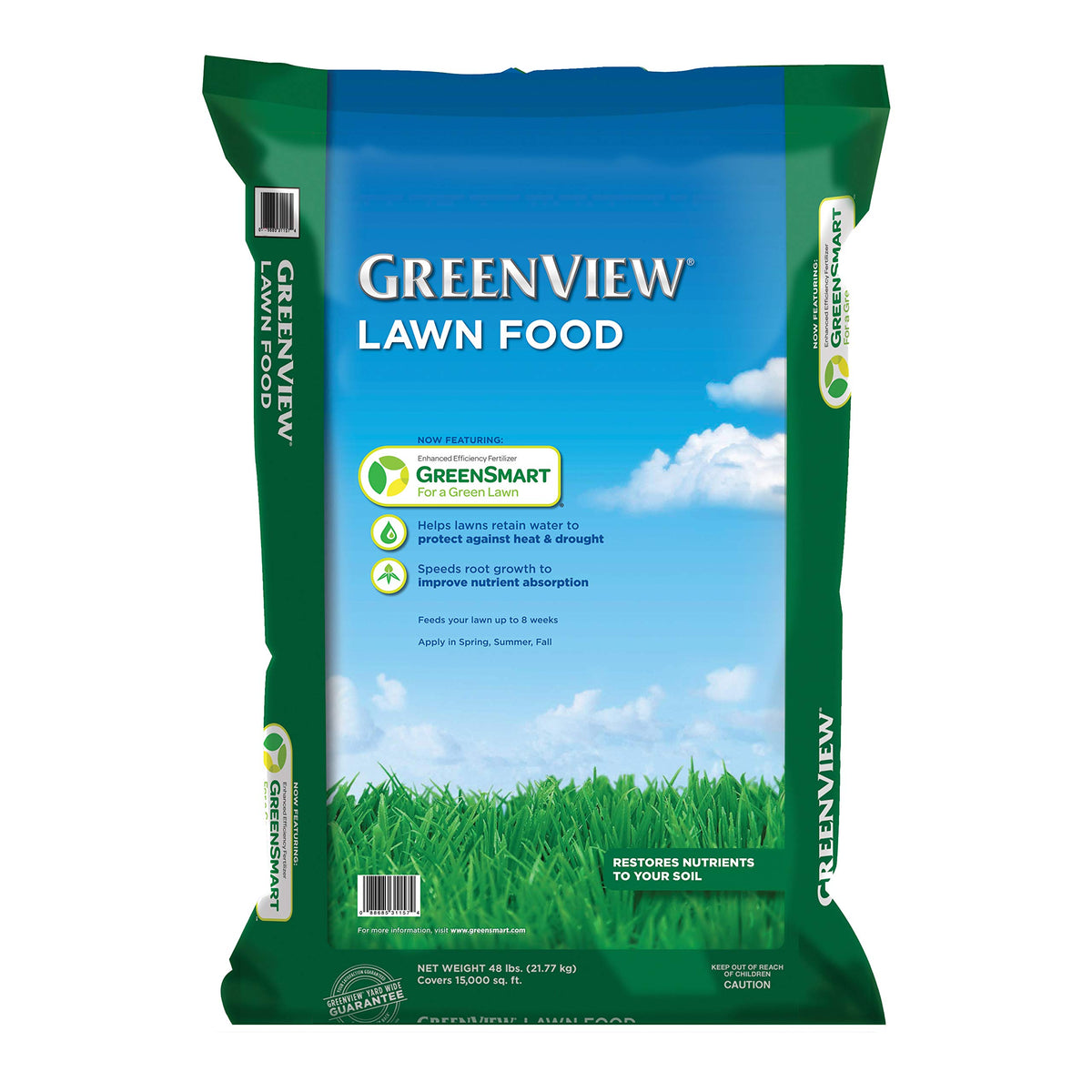 GreenView Lawn Food 48lb bag ready for season-long lawn feeding.