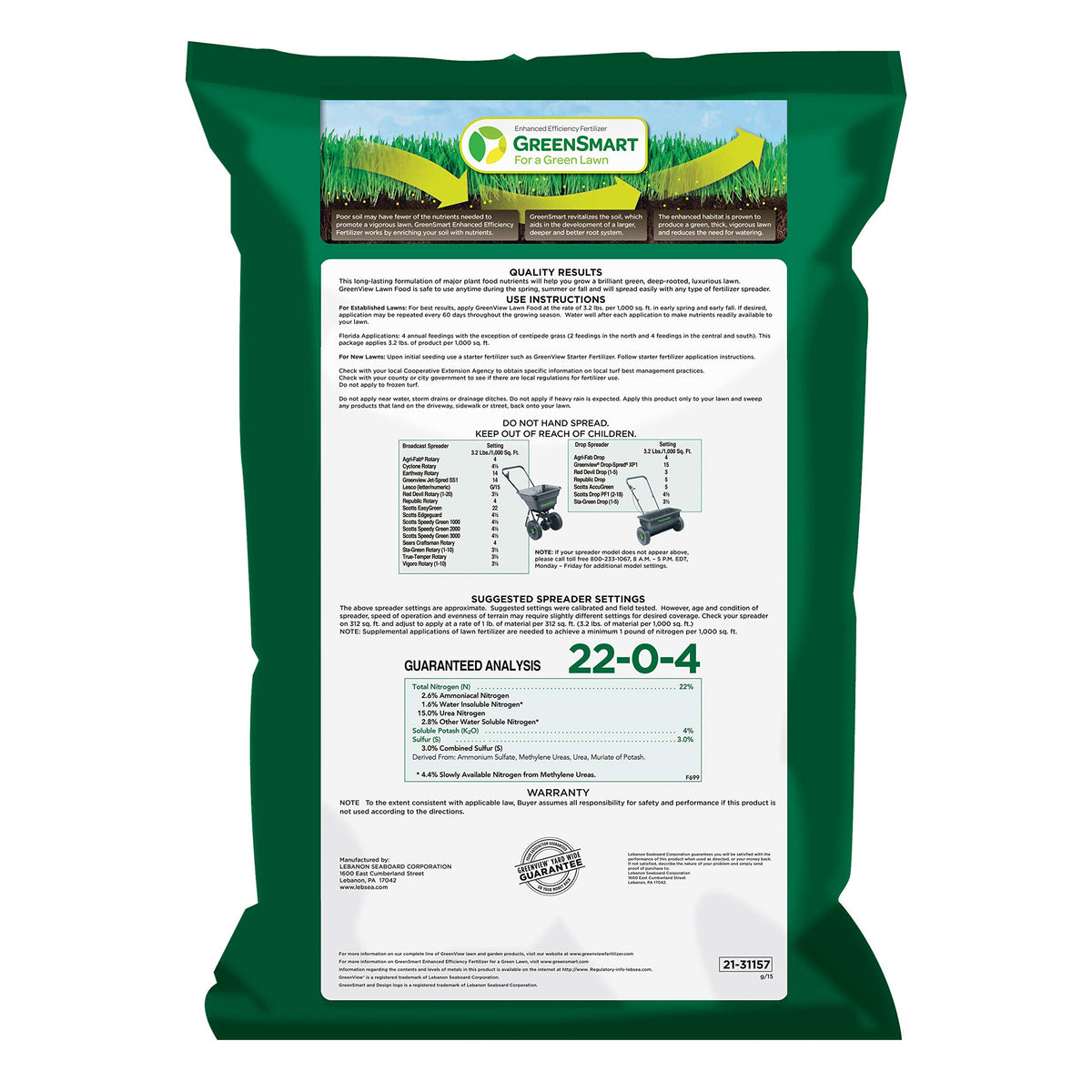 GreenView Lawn Food label detail highlights GreenSmart nutrients for longer color.
