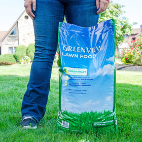 GreenView Lawn Food slow-release nutrients sustain feeding over weeks.