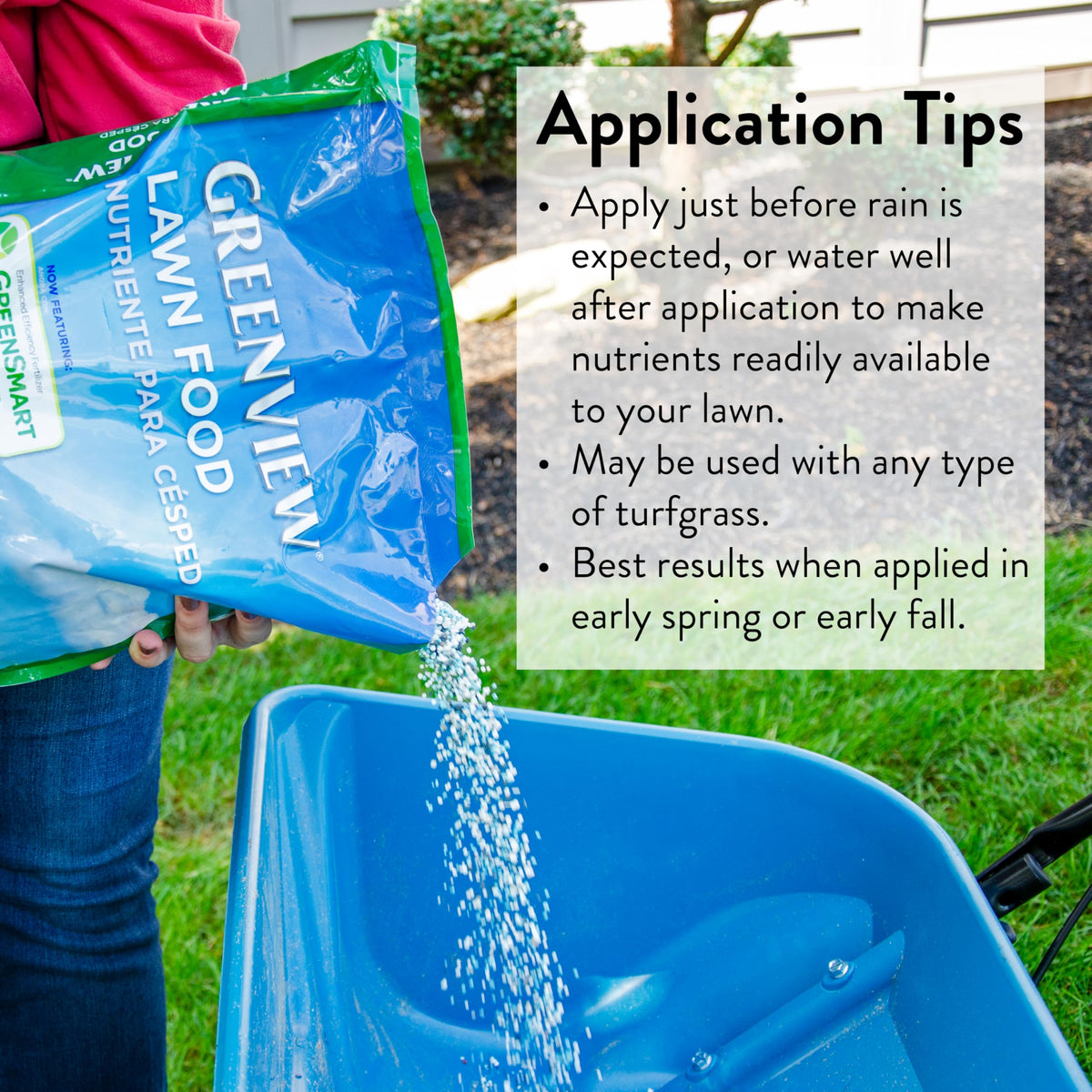 GreenView Lawn Food being spread with a spreader for even coverage.