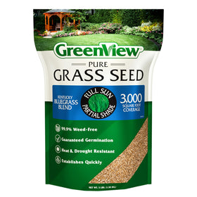 GreenView Pure Grass Seed bag shows premium Kentucky bluegrass blend for a lush lawn