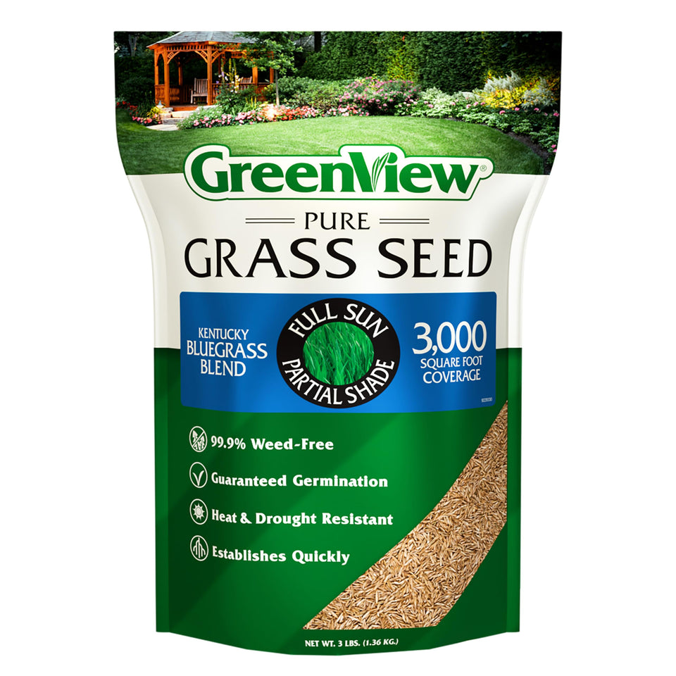 GreenView Pure Grass Seed bag shows premium Kentucky bluegrass blend for a lush lawn