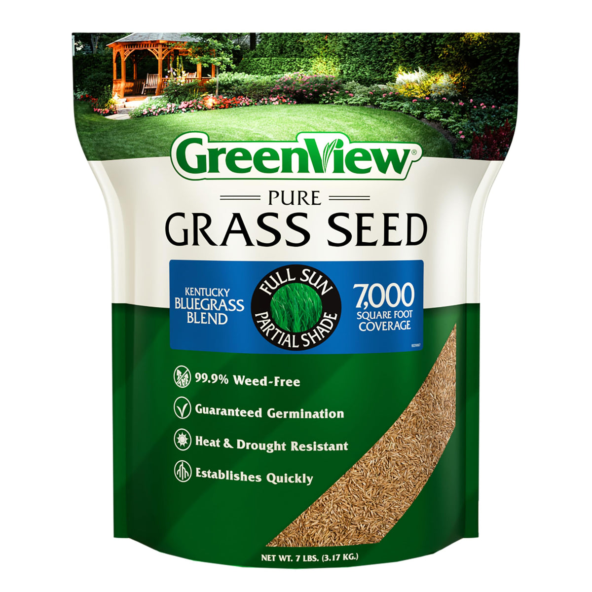 GreenView Pure Grass Seed Kentucky Bluegrass Blend bag showcasing lush lawn potential.