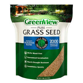 GreenView Pure Grass Seed Kentucky Bluegrass Blend bag showcasing lush lawn potential.