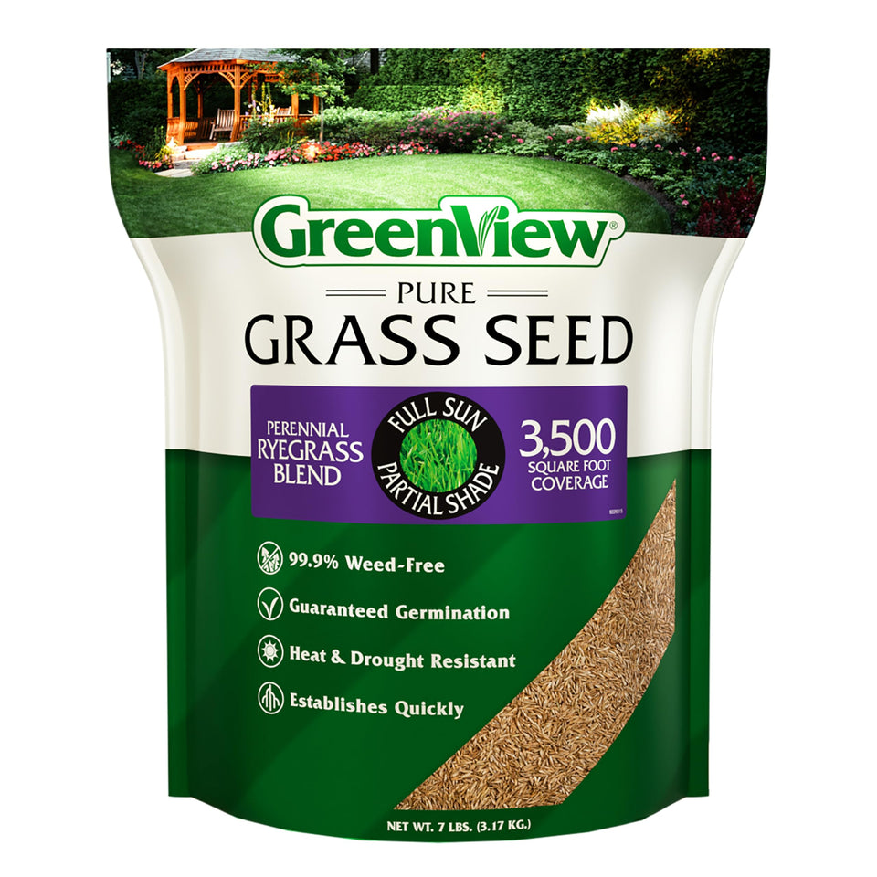 GreenView Pure Grass Seed bag shows quick germination and dense coverage