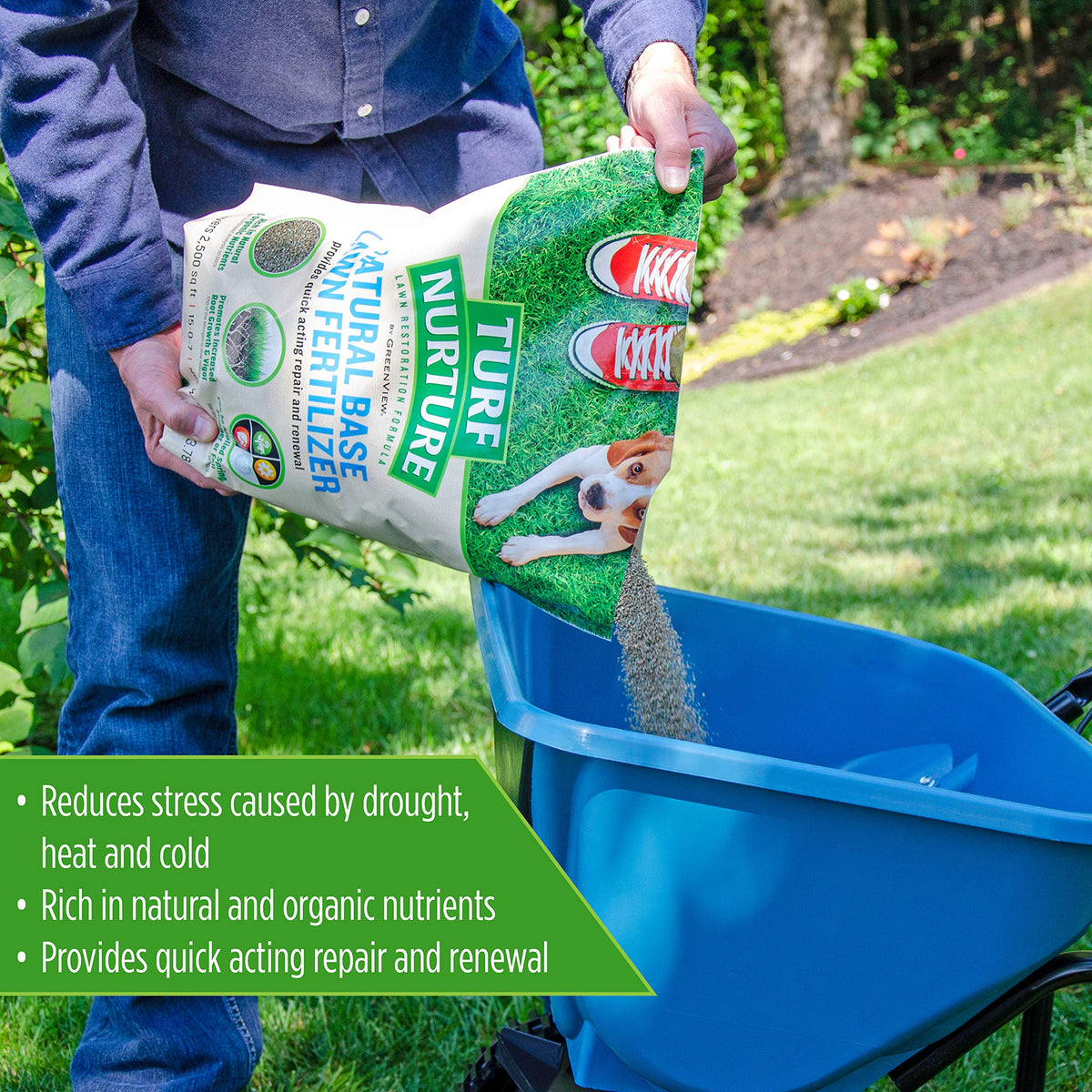 GreenView Turf Nurture granules being spread on a lush lawn.