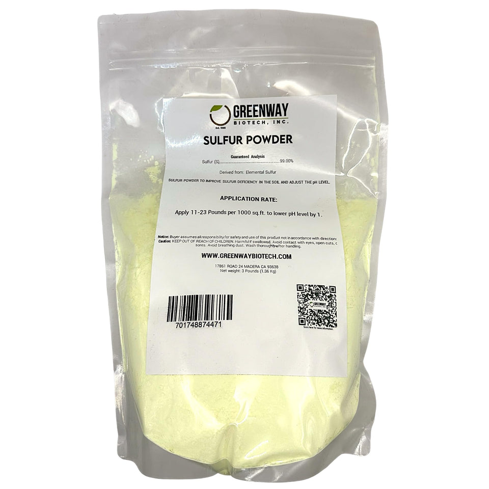 Greenway Biotech Organic Sulfur powder bottle for garden soil amendment and pH adjustment