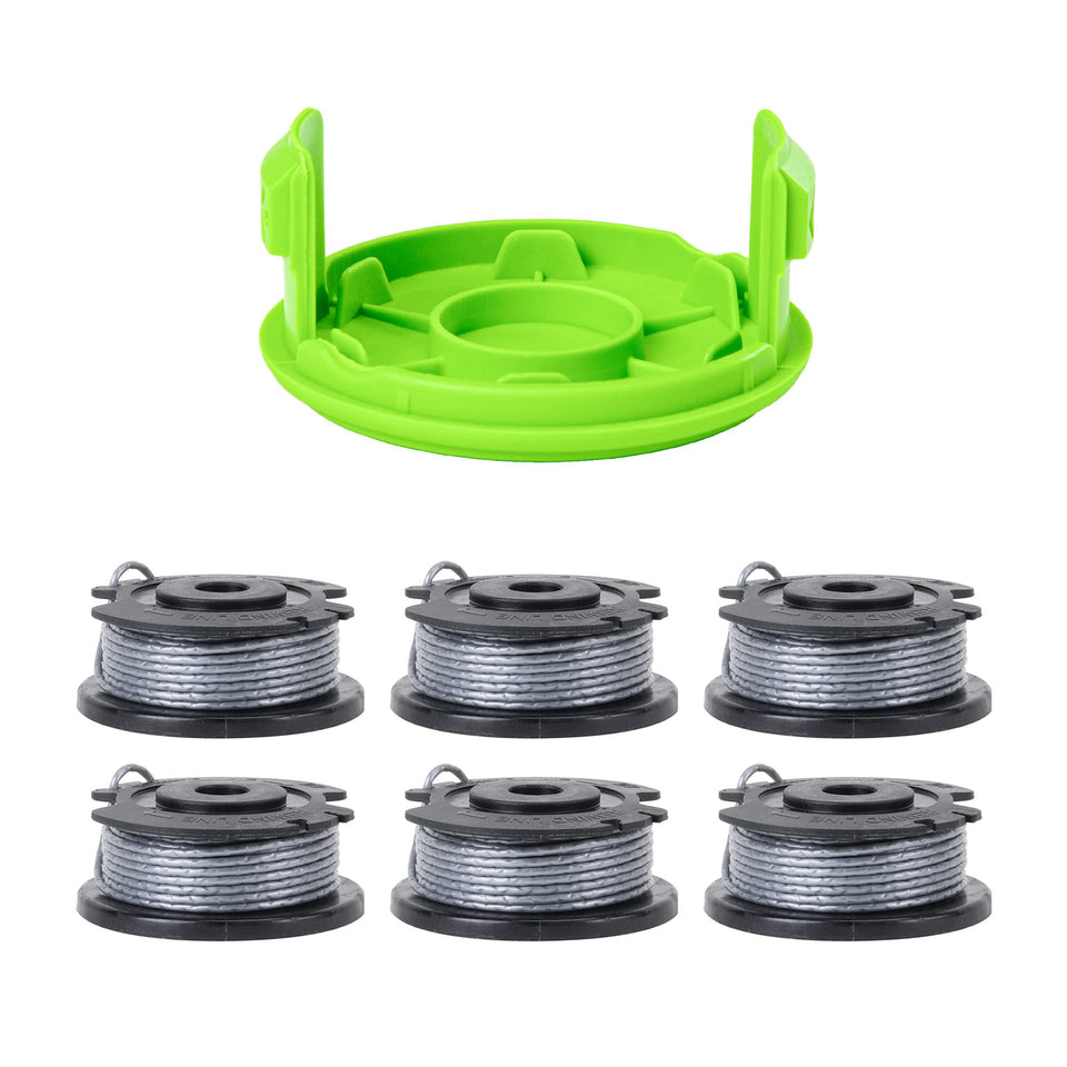 Greenworks 0.065-inch auto-feed trimmer spools for quick, snag-free line replacement.
