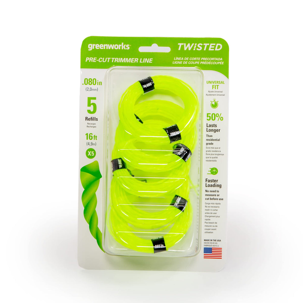 Greenworks 0.080-inch twisted trimmer line coil for quick loading and longer life.