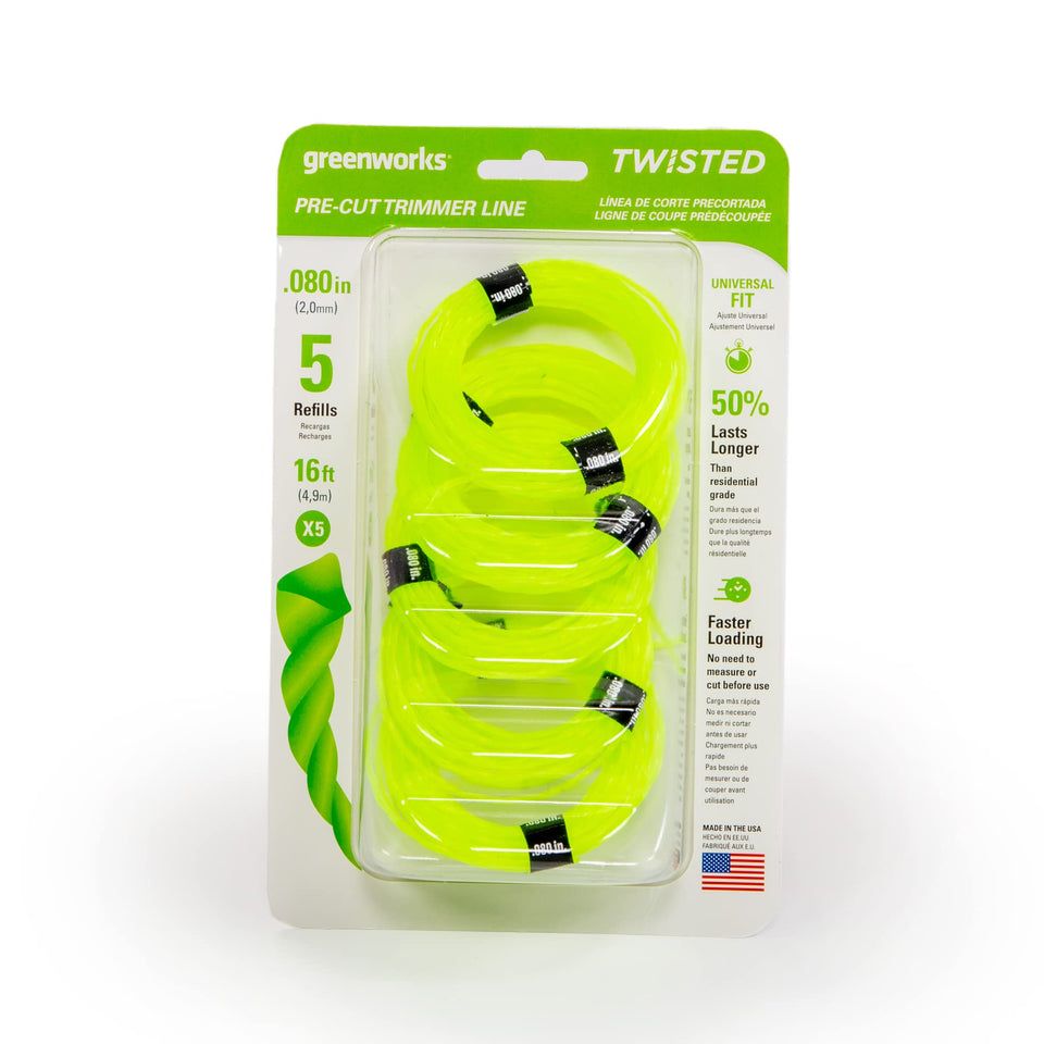 Greenworks 0.080-inch twisted trimmer line coil for quick loading and longer life.