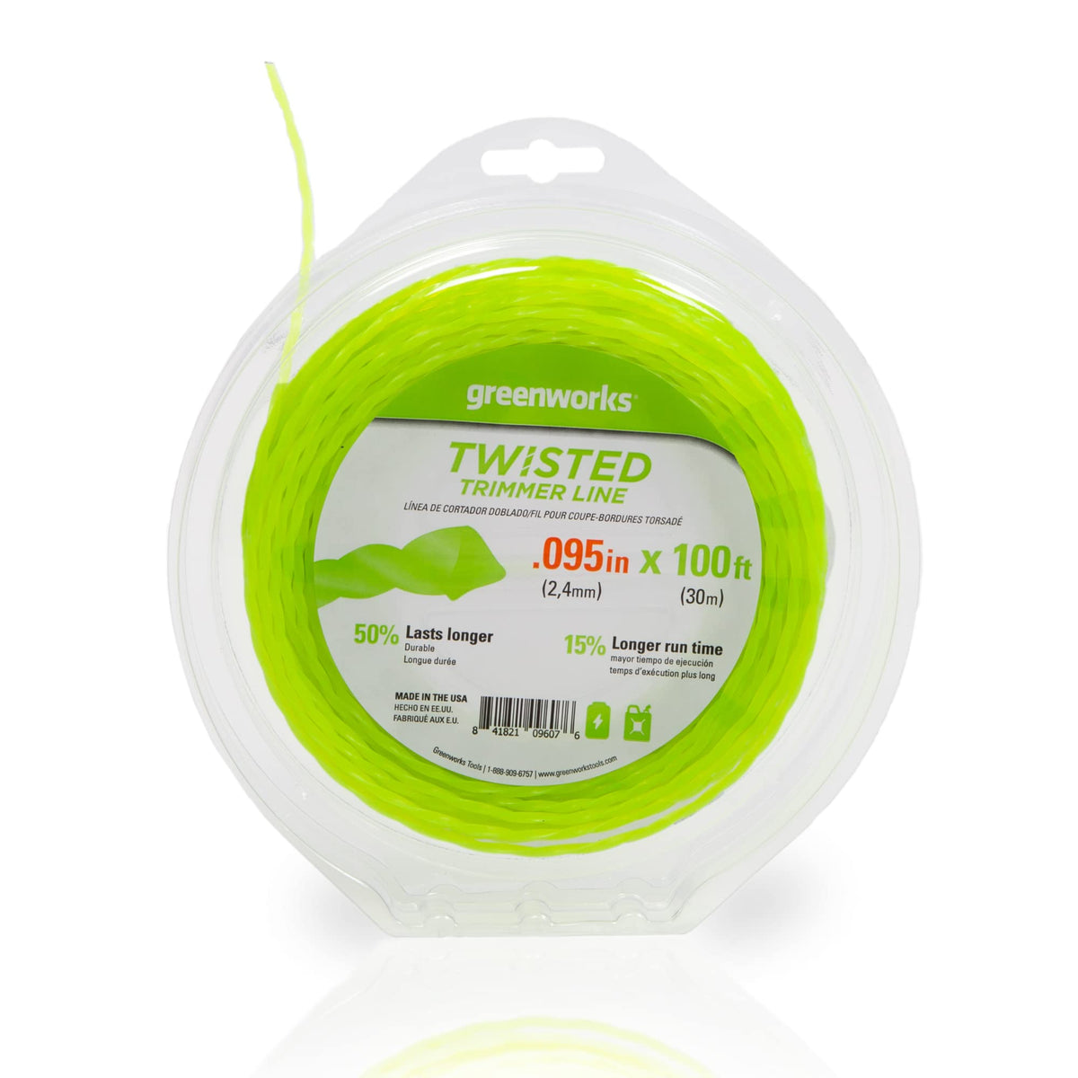 Greenworks 0.095-inch twisted line, 100 ft spool, for longer cutting between recharges.