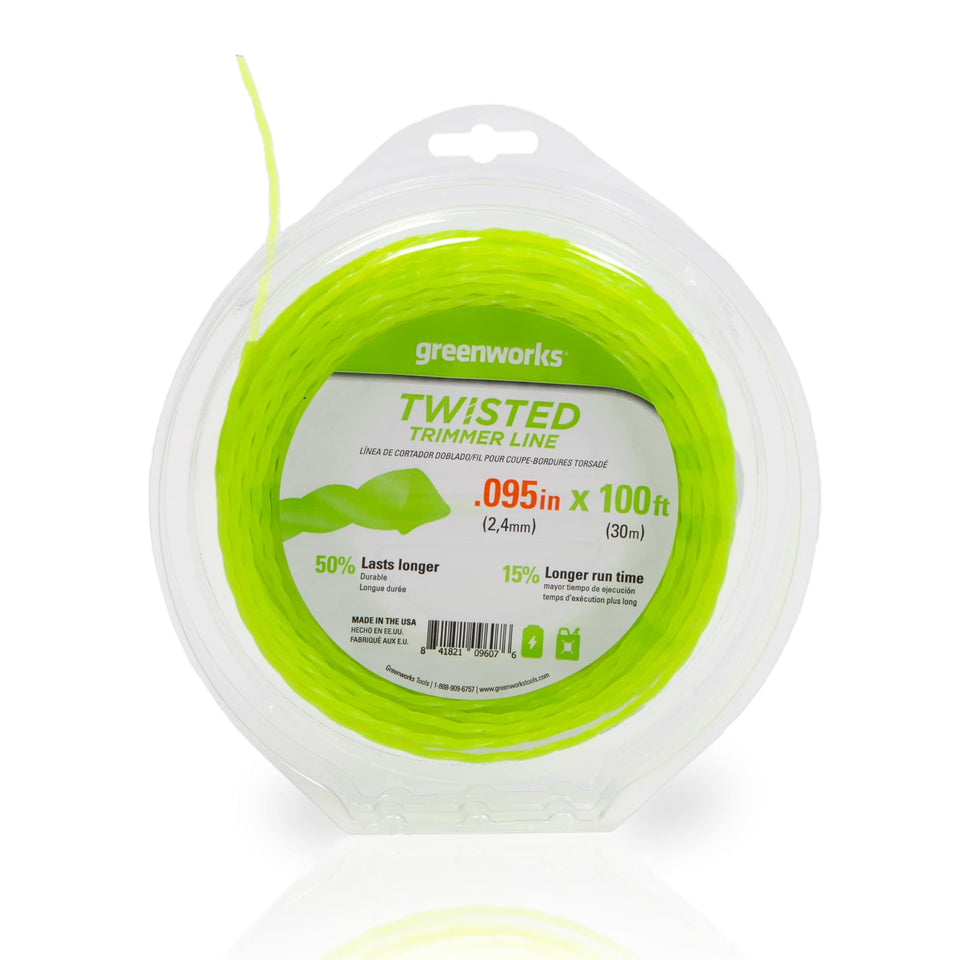 Greenworks 0.095-inch twisted line, 100 ft spool, for longer cutting between recharges.