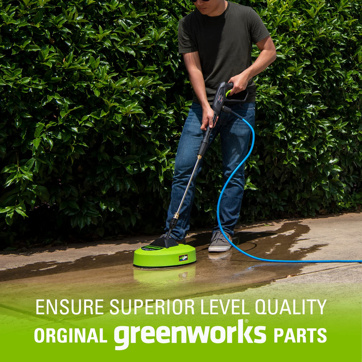 Deck cleaning with GreenWorks attachment removes grime evenly.