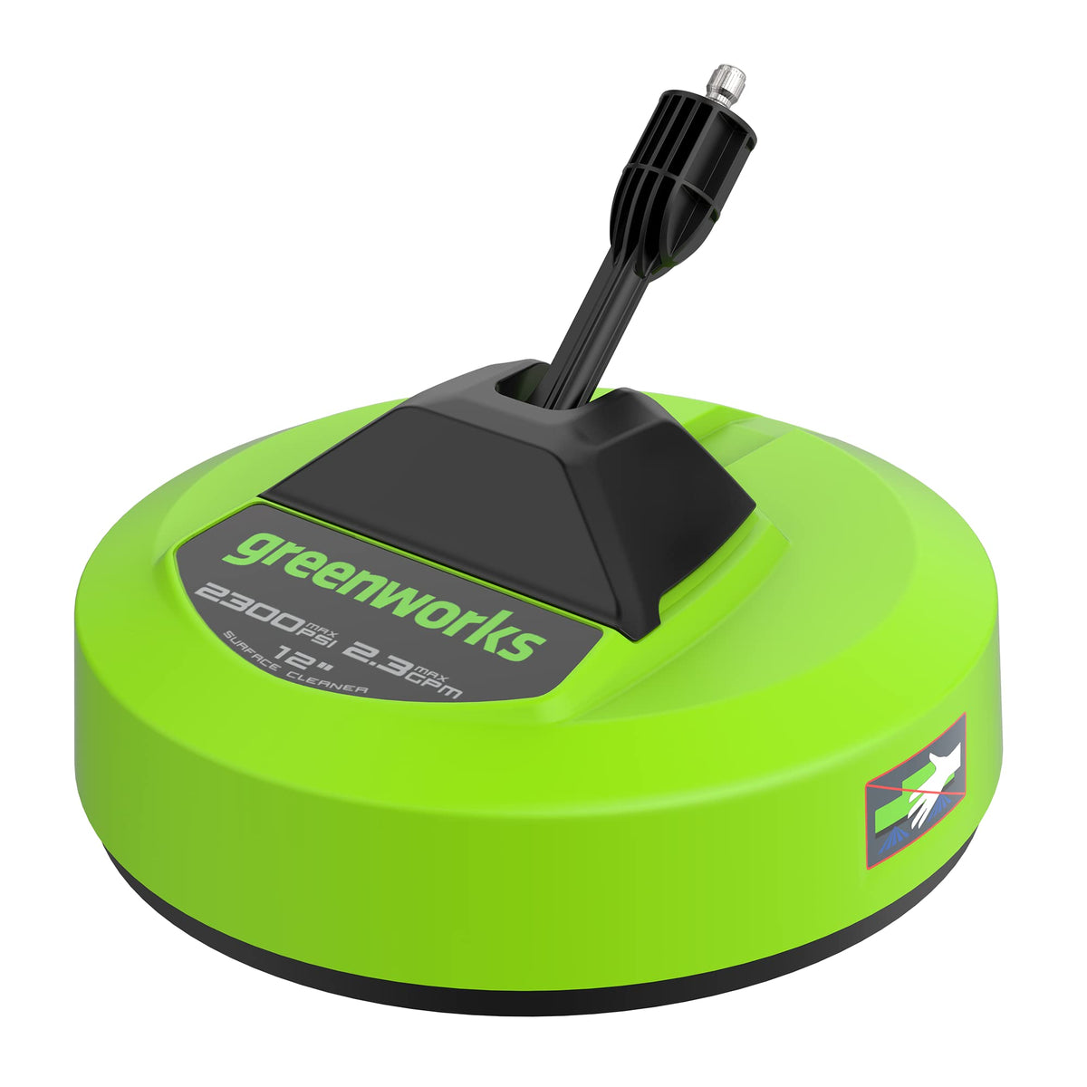GreenWorks 12-inch surface cleaner attachment, side view for wide outdoor cleaning.