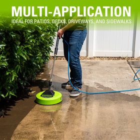 Warranty label on GreenWorks 12-inch surface cleaner attachment shows 3-year coverage.
