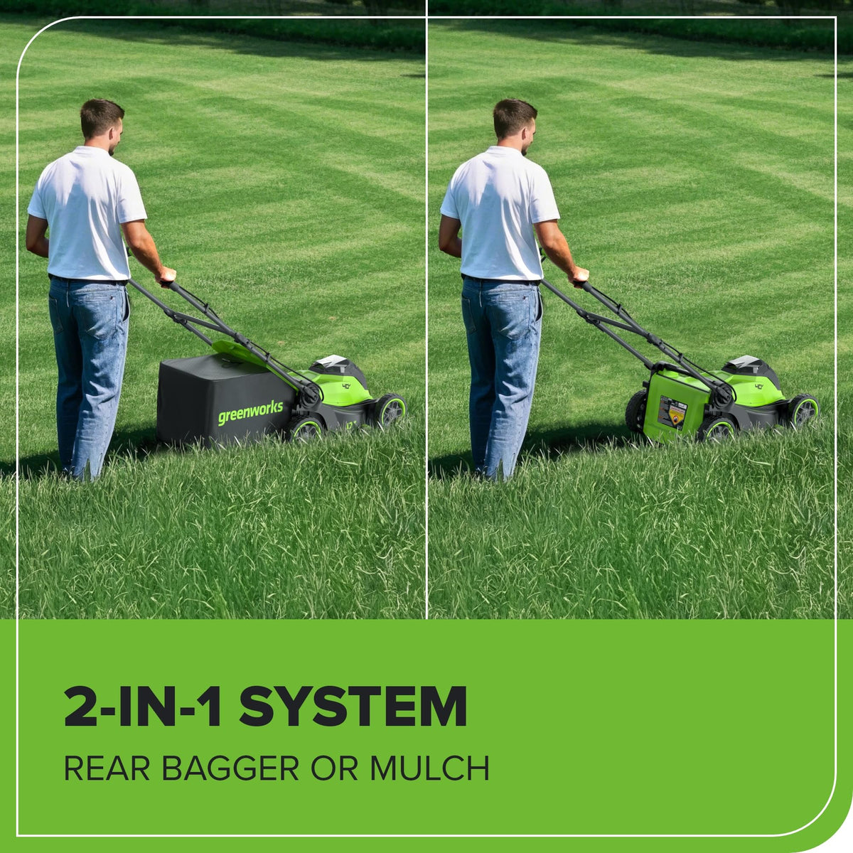 Greenworks 17inch steel deck provides durable, easy-push performance across lawns.