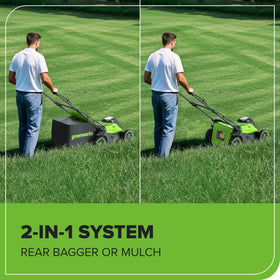 Greenworks 17inch steel deck provides durable, easy-push performance across lawns.