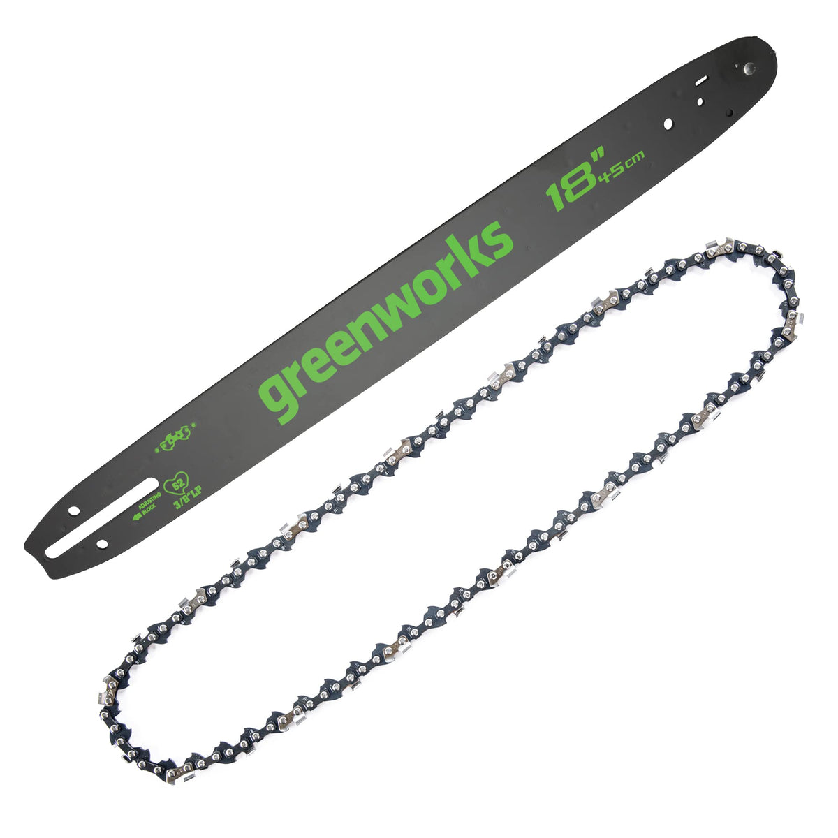 GreenWorks 18-inch chainsaw bar and chain combo ready for efficient cutting tasks.