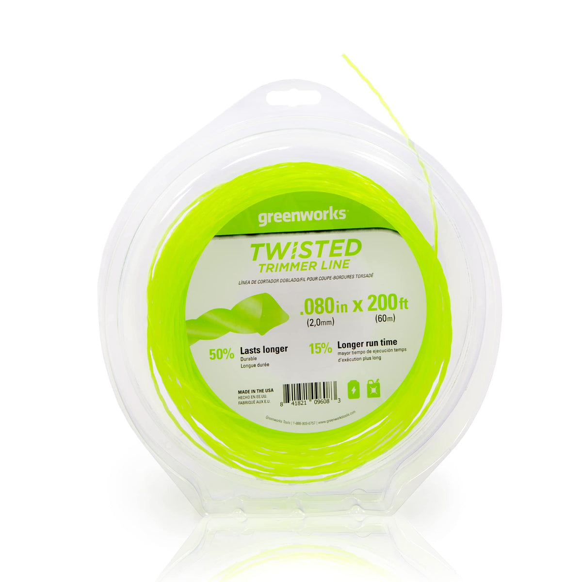 Greenworks 200 ft 0.080 in twisted trimmer line ready for longer, smoother cuts.